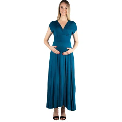 24seven Comfort Apparel Empire Waist V-neck Plus Size Maxi Dress In Blue