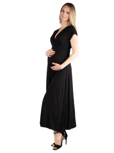 24seven Comfort Apparel Maternity Cap Sleeve V-neck Maxi Dress In Black