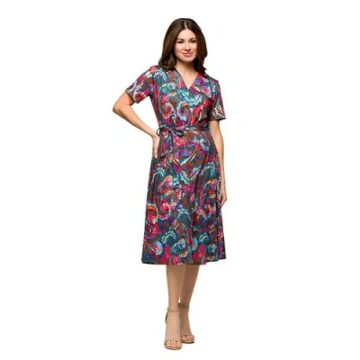 24seven Comfort Apparel Maternity Brown And Pink Print Short Sleeve Tie Waist Midi Dress
