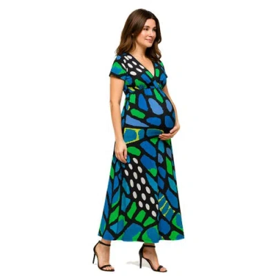 24seven Comfort Apparel Maternity Blue Butterfly Print V-neck Empire Waist Cap Sleeve Maxi Dress In Green