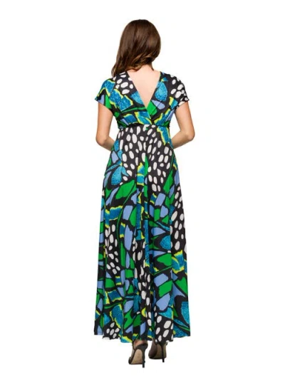 24seven Comfort Apparel Maternity Blue Butterfly Print V-neck Empire Waist Cap Sleeve Maxi Dress In Green