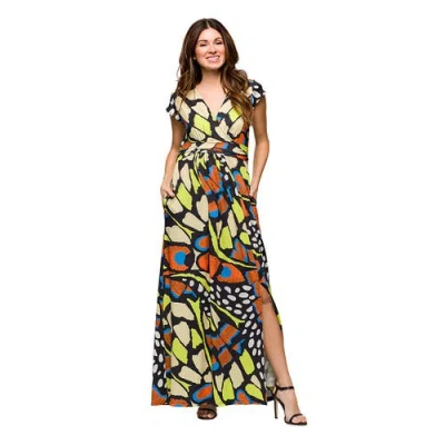 24seven Comfort Apparel Maternity Butterfly Print Cap Sleeve V-neck Side Slit Pocket Maxi Dress In Multi