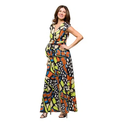 24seven Comfort Apparel Maternity Butterfly Print Cap Sleeve V-neck Side Slit Pocket Maxi Dress In Multi
