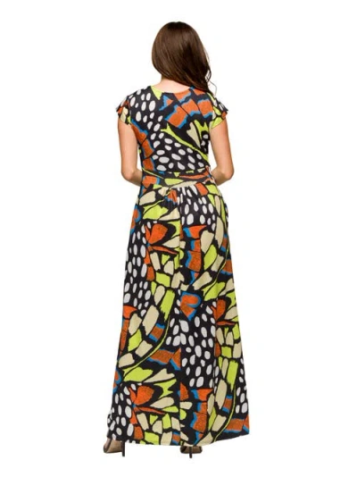 24seven Comfort Apparel Maternity Butterfly Print Cap Sleeve V-neck Side Slit Pocket Maxi Dress In Multi
