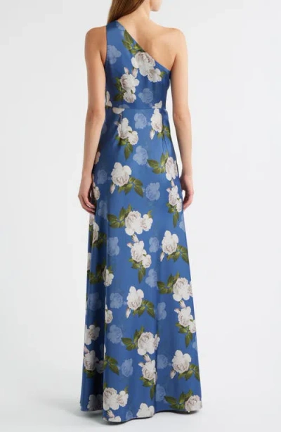 Sachin & Babi Delphine Floral Print One-shoulder Gown In Blue