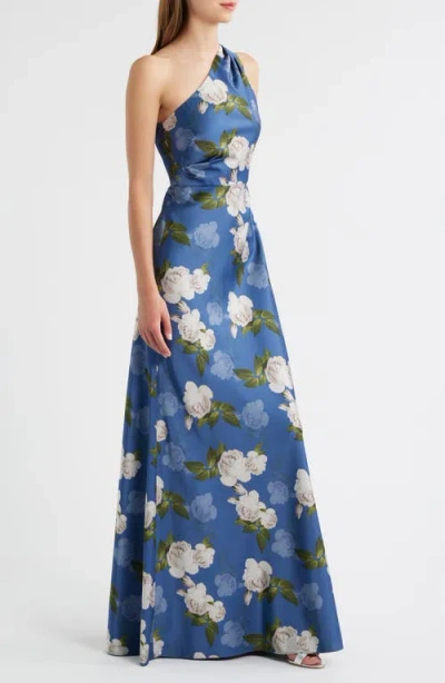 Sachin & Babi Delphine Floral Print One-shoulder Gown In Blue