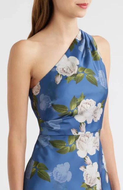 Sachin & Babi Delphine Floral Print One-shoulder Gown In Blue