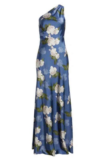 Sachin & Babi Delphine Floral Print One-shoulder Gown In Blue