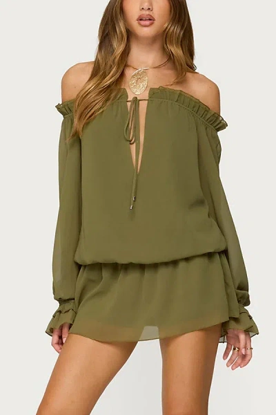 Edikted Delphine Off Shoulder Chiffon Romper In Olive, Women's At Urban Outfitters