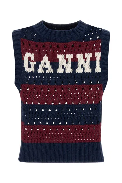 Ganni Striped Openwork Vest With Logo Inlay In Blue