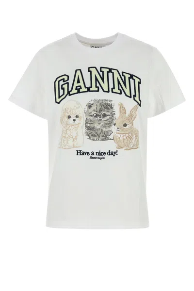 Ganni Women White Crewneck T-shirt With Maxi Logo On The Front In Cotton Woman In Multi