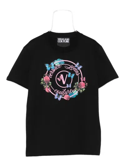 Versace Jeans Couture Black Cotton Jersey Screen-printed T-shirt In Black