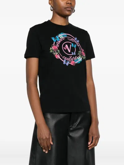 Versace Jeans Couture Black Cotton Jersey Screen-printed T-shirt In Black