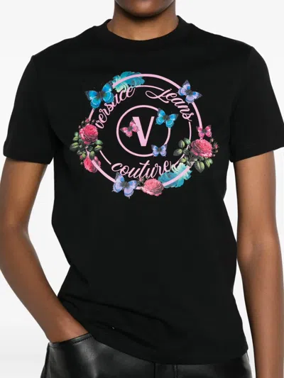 Versace Jeans Couture Black Cotton Jersey Screen-printed T-shirt In Black