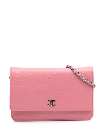 Pre-owned Chanel 2012 Embossed Lambskin Camellia Wallet On Chain Crossbody Bag