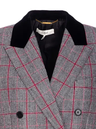 Chloé Tartan Double Breasted Coat In Gray