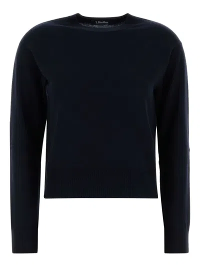 S Max Mara Wool Crew Neck Sweater With Elbow Patches In Blue