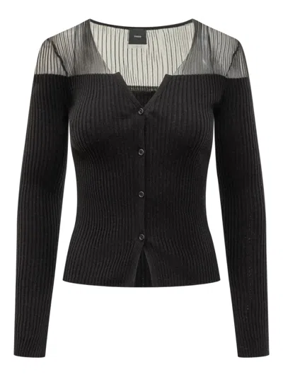 Pinko Sheer-panelled Ribbed Cardigan In Black