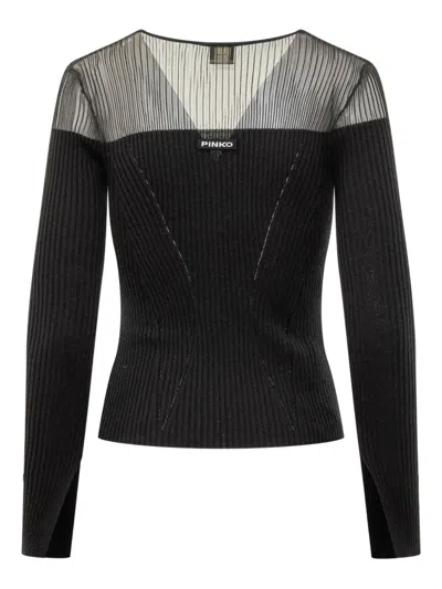 Pinko Sheer-panelled Ribbed Cardigan In Black