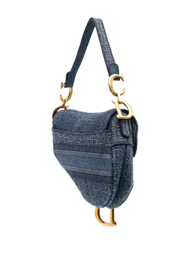 Pre-owned Dior 2019 Oblique Embroidered Denim Saddle Bag Shoulder Bag