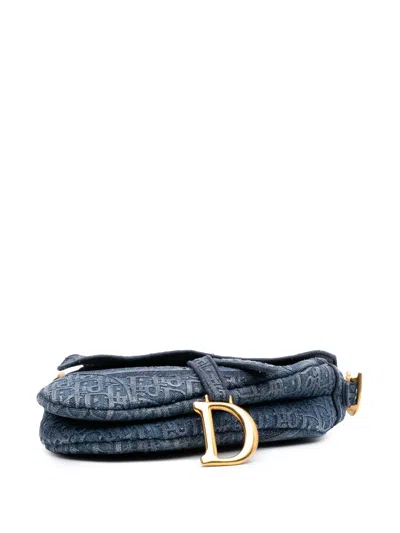 Pre-owned Dior 2019 Oblique Embroidered Denim Saddle Bag Shoulder Bag