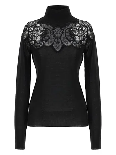 Ermanno Scervino Sheer Turtleneck Lace Sweater With Long Sleeves In Black