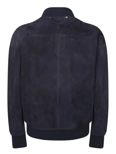 Paul Smith Suede Bomber Jacket With Ribbed Cuffs And Central Zip In Blue