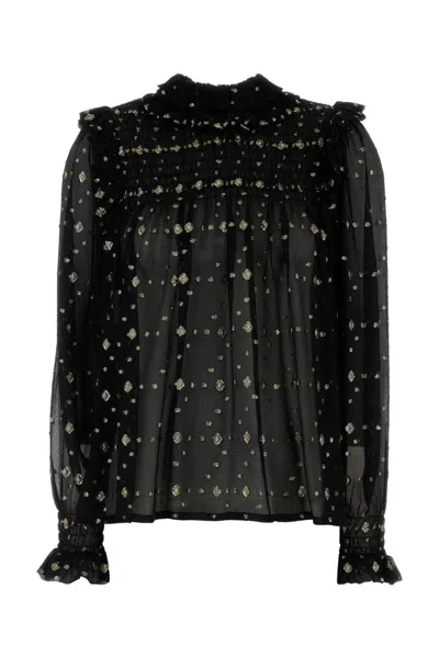 Saint Laurent Embroidered Crepe Blouse With Ruffles And Smocked Yoke In Black