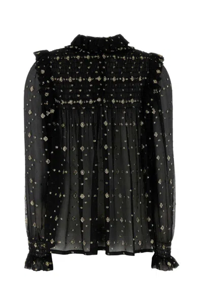 Saint Laurent Embroidered Crepe Blouse With Ruffles And Smocked Yoke In Black