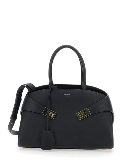 Ferragamo Hug S Black Handbag With Logo And Gancini Buckle In Leather Woman