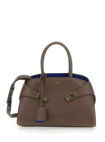 Ferragamo Hug S Brown Handbag With Logo And Gancini Buckle In Leather Woman