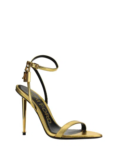 Tom Ford Gold Padlock Pointy Naked Heeled Sandals In Gold