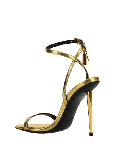 Tom Ford Gold Padlock Pointy Naked Heeled Sandals In Gold