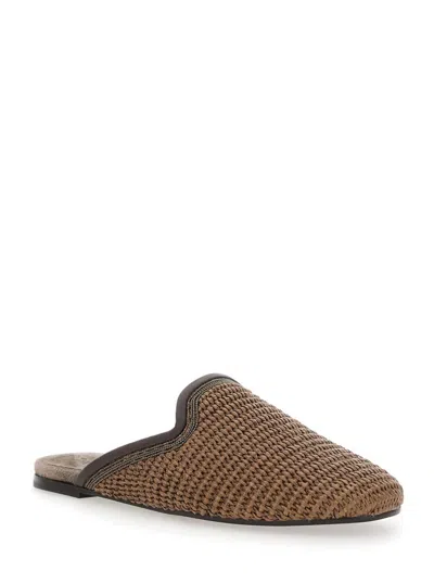Brunello Cucinelli Brown Slip-on Sandals With Woven Design And Suede Lining In Cotton Blend Woman