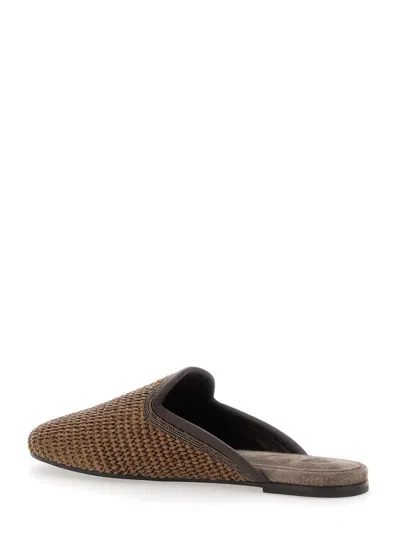 Brunello Cucinelli Brown Slip-on Sandals With Woven Design And Suede Lining In Cotton Blend Woman