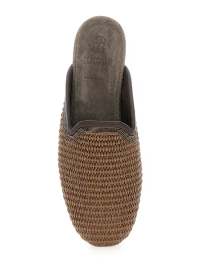 Brunello Cucinelli Brown Slip-on Sandals With Woven Design And Suede Lining In Cotton Blend Woman