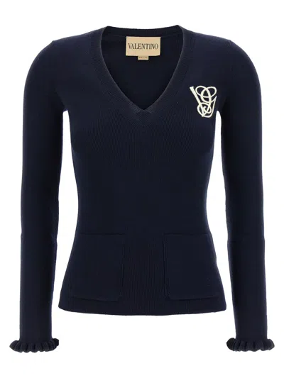 Valentino Embroidered Sweater With Front Pockets And Ruffle Cuffs In Blue