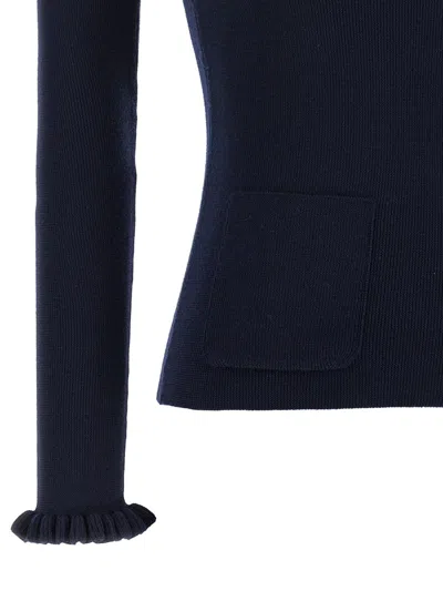 Valentino Embroidered Sweater With Front Pockets And Ruffle Cuffs In Blue