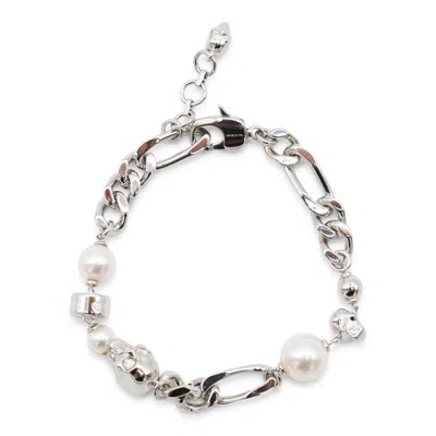 Alexander Mcqueen Skull And Pearl Bracelet In Metallic