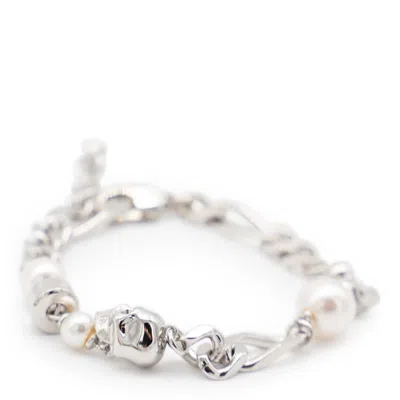 Alexander Mcqueen Skull And Pearl Bracelet In Metallic