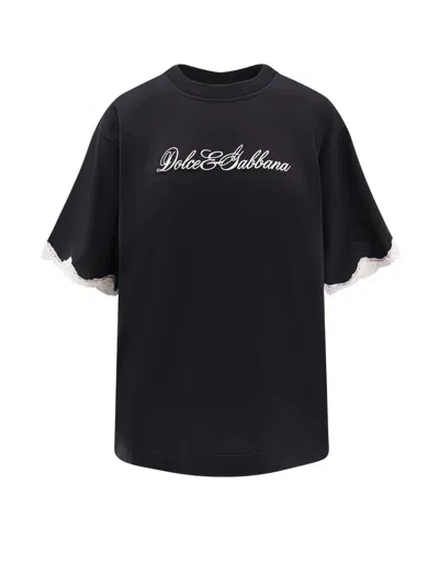 Dolce & Gabbana Logo-embroidered Lace-trimmed T-shirt In Black