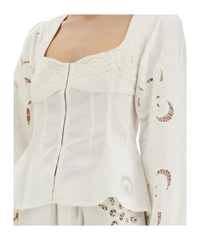 Marine Serre Fitted White Top With Square Neckline And Floral Embroidery