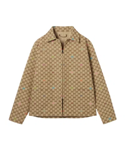 Gucci Beige Shirt With Spread Collar And Two Front Welt Pockets In Gg Canvas Man In Brown