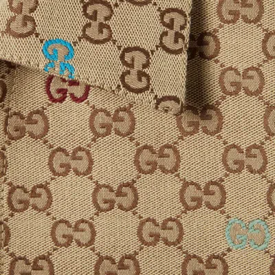Gucci Beige Shirt With Spread Collar And Two Front Welt Pockets In Gg Canvas Man In Brown