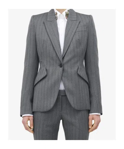 Alexander Mcqueen Herringbone Striped Single-breasted Blazer Jacket In Gray