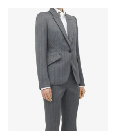 Alexander Mcqueen Herringbone Striped Single-breasted Blazer Jacket In Gray