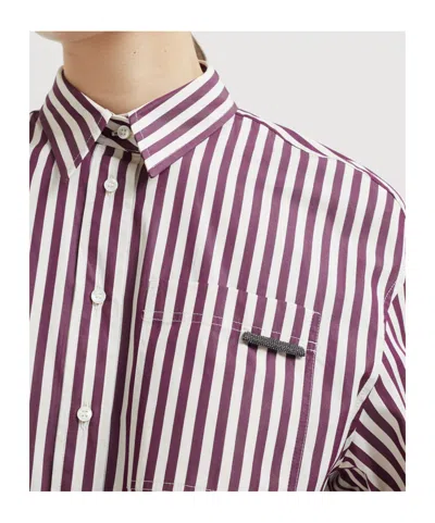 Brunello Cucinelli Logo Striped Long-sleeved Shirt In Burgundy