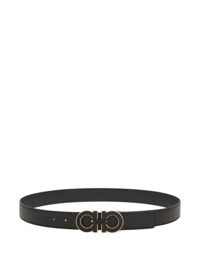 Ferragamo Reversible And Adjustable Double Gancini Belt In Black