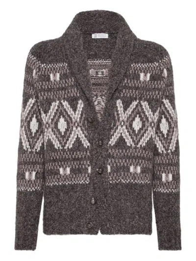 Brunello Cucinelli Wool Cardigan V-neck Geometric Pattern In Gray