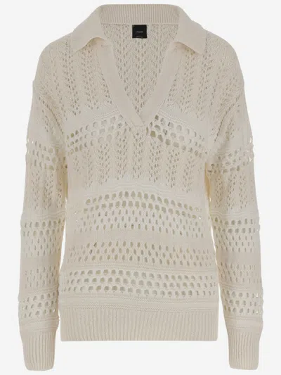 Pinko Textured Knit White Sweater With Stylish Collar In Gold